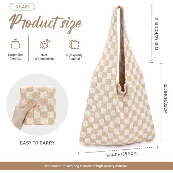 Khaki Checkered Crochet Beach Tote for Women Summer Casual Vintage Stylish Large - Picture 2 of 6